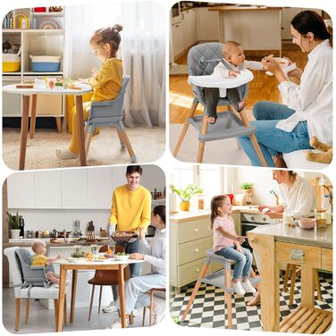 Дитячий стільчик Ezebaby 6 в 1: регульований, з підставкою для ніг, ременями безпеки та столиком. Для дітей від 6 місяців (сірий)