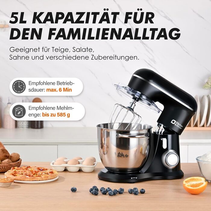 Кухонний комбайн Kitchen in the box Kompakte — планетарний міксер та тістоміс 3.5-5л, 10 швидкостей, з насадками (гак, вінчик, міксер), чорний