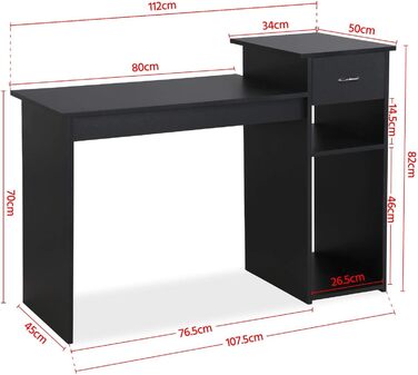 Стіл комп'ютерний Yaheetech 112x82x50 см, чорний, з висувною шухлядою та 2 полицями з МДФ для офісу та дому