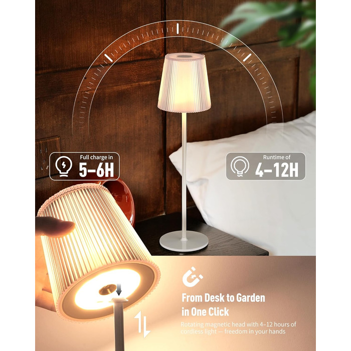 LED настільна лампа LuminexDesigns бездротова з акумулятором 5200mAh, диммер, IP54, для спальні, офісу, саду, білого кольору, 1 шт. (Сучасний, компактний)