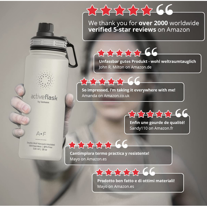 Термобутилка з нержавіючої сталі ACTIVE FLASK 530 мл з соломинкою, 3 кришки, BPA-free, герметична, підходить для газованої води, кремово-біла, для води, спорту, велосипеда, чаю, для дітей