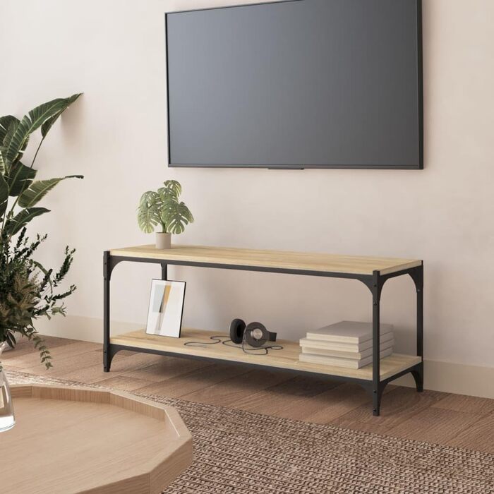 ТВ тумба vidaXL з ДСП та сталі, коричнева, 100x33x41 см, під телевізор, у стилі дуба, сучасний телевізійний стіл