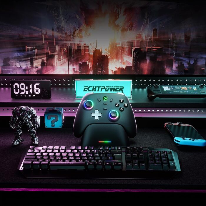 Ігровий бездротовий контролер ECHTPower для PC, Switch, Steam Deck, Android, iOS — RGB підсвітка, Hall-джойстики, Turbo, вібрація, акумулятор 800mAh (Чорний)