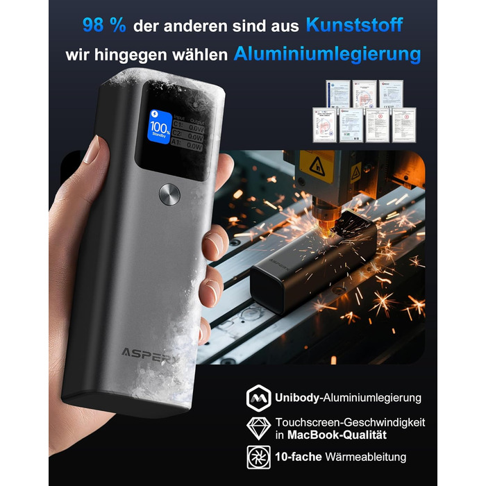 Power Bank AsperX 20000mAh, 165W, 2x USB-C 100W, Алюмінієвий Корпус, Вбудований Кабель 60см, TFT-Дисплей, для iPhone, MacBook, Samsung