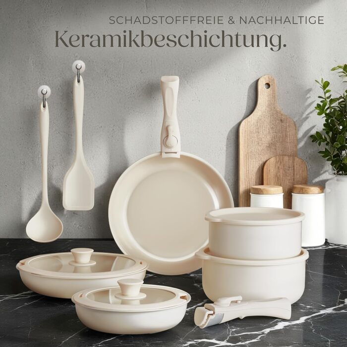 Набір посуду Tectake 16 предметів для індукційних плит з керамічним антипригарним покриттям: каструлі та сковороди зі знімними ручками та скляними кришками
