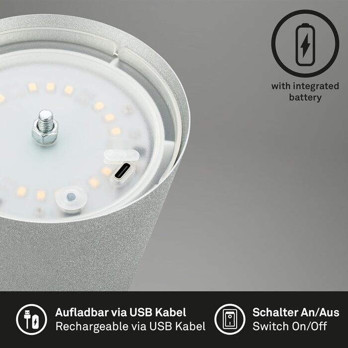 BRILONER LED бездротова настільна лампа з диммером, сенсорним керуванням, регульована по висоті, акумуляторна, нічник, лампа для читання, кемпінгу, столу, для дому та вулиці, срібляста, 36x10,5 см
