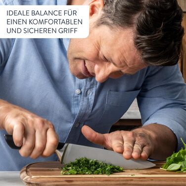 Набір кухонних ножів Jamie Oliver від Tefal з підставкою, 6 предметів: кухонний, сантоку, для хліба, універсальний та ніж для чищення, сталь з криозагартуванням, блок з акації, коричневий, K267S556