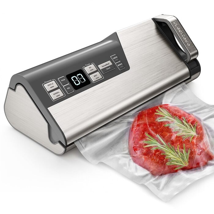 Вакууматор Mesliese для продуктів, 140 Вт, 95 кПа, з подвійним швом, вбудованим різаком та відсіком для рулонів, сірий