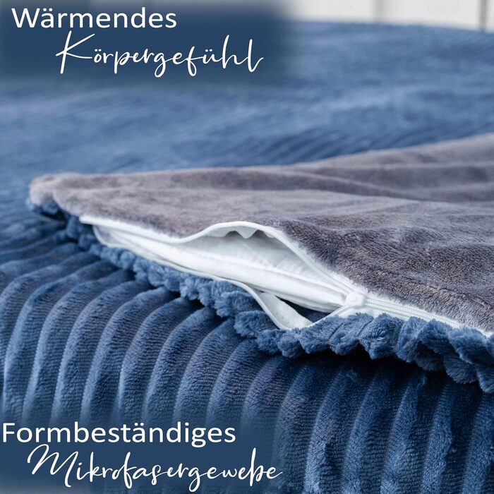 Комплект зимової постільної білизни Leonado Vicenti Cashmere-Touch Teddy Plüsch, фланель Coral Fleece з ефектом вельвету, двостороння, Темно-синій/Антрацит, 240x220 см, 3-предметний набір
