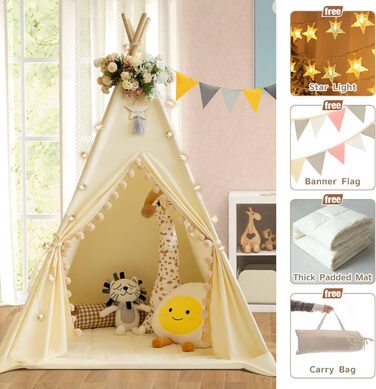 Дитяче намет Tipi з м'якою матрацом, бавовна, канвас. Намет Tipi для дітей, ігровий намет для дівчаток та хлопчиків з зірками та ліхтариками, сумка, прапор (білий, кремовий)