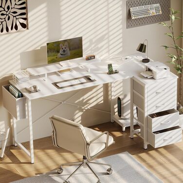 Кутовий стіл Claiks L-подібний (160x80 см) з 4 тканинними шухлядами, USB-портом, розеткою та полицею для монітора, білий