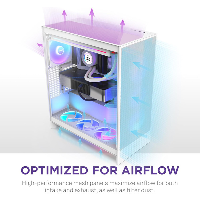 Корпус NZXT H7 Flow RGB білого кольору, Mid-Tower ATX з ефективною вентиляцією, комплектується RGB-вентиляторами, підтримка підлогових вентиляторів для прямого охолодження GPU, сумісний з 360 мм вентиляторами у єдиній рамі
