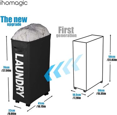 IHOMAGIC Кошик для білизни 62 л з колесами, знімний мішок, складаний, з ручками, чорний – для брудної білизни, зберігання речей