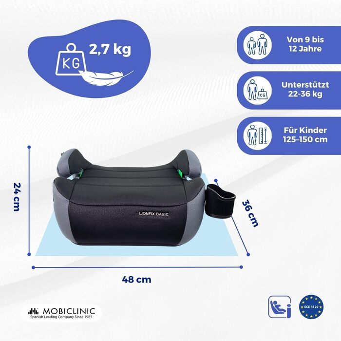 Дитяче автокрісло Mobiclinic Kids Lionfix Basic I-Size 125-150 см з IsoFix, знімний і праний чохол, підлокітники, текстильна оббивка, стандарт R129, європейський бренд