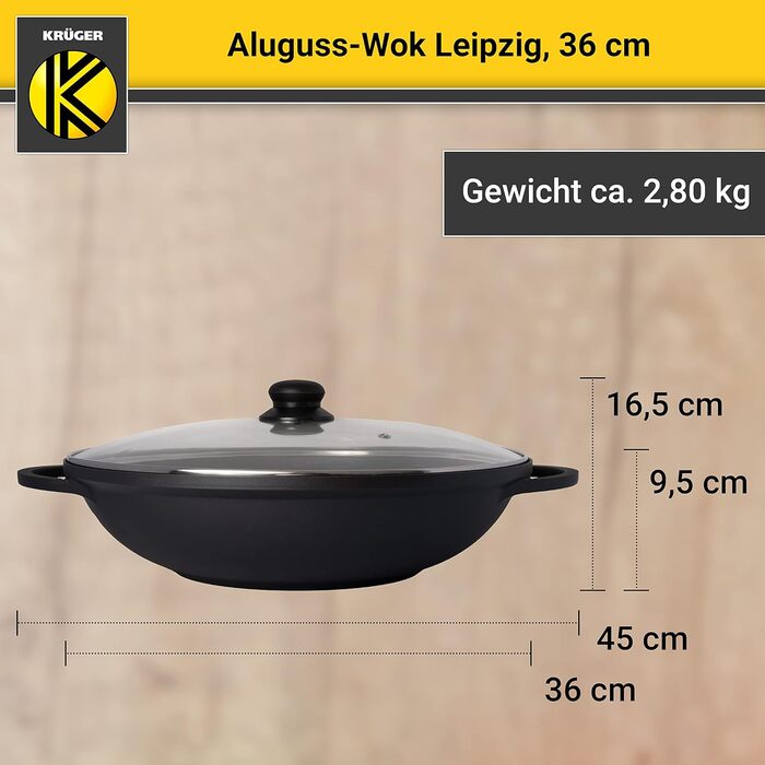 Алюмінієвий вок KRÜGER Leipzig 36 см з антипригарним покриттям, скляною кришкою та аксесуарами — ідеальний для овочів, локшини та рису