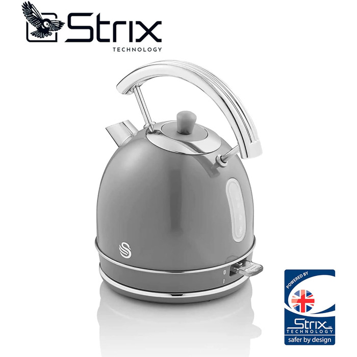 Електрочайник Swan Retro 1,8 л, 3000 Вт, вінтажний дизайн, Strix, бездротовий, BPA-free нержавійка, сірий