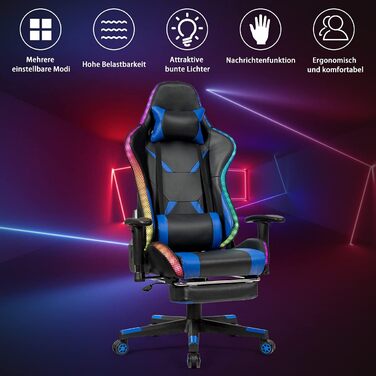 Ігрове крісло RELAX4LIFE 360° з LED підсвіткою, регульованими підлокітниками, спинкою і підніжкою, ортопедичною поперековою та головною підтримкою, для комп'ютера та офісу, синє