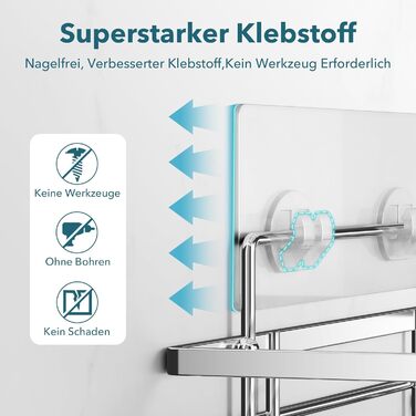 Душова полиця без свердління, 2 шт. – органайзер для ванної, металевий тримач для шампуню з клейким кріпленням, сріблястий