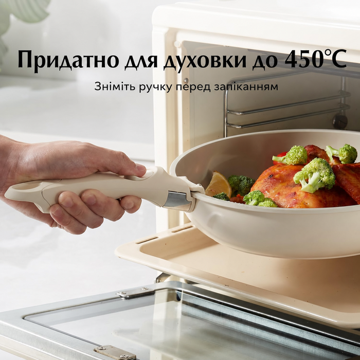 Набір керамічного посуду Redchef для кемпінгу, 5 предметів, знімна ручка, без PTFE/PFAS/PFOA, компактний, для індукції та посудомийки, бежевий