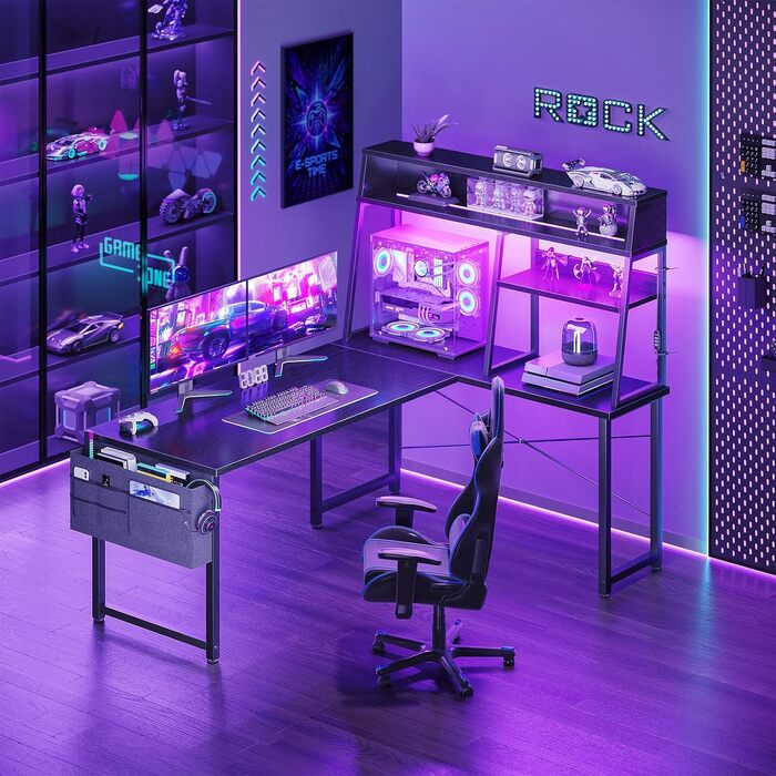 Ігровий стіл кутовий Coleshome L-подібний з LED підсвіткою, 130x100 см, з полицями та кишенями для зберігання, реверсивний, для геймерів та домашнього офісу, чорний