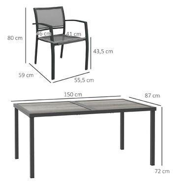 Комплект садових меблів: стіл та 6 стільців, 150 x 87 x 72 см, сірий