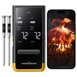 Розумний бездротовий термометр для м'яса ThermoMaven з базовою станцією, Wi-Fi та Bluetooth, 2 щупи (6 сенсорів), NIST-сертифікований, для смокера, духовки та BBQ, золотисто-жовтий