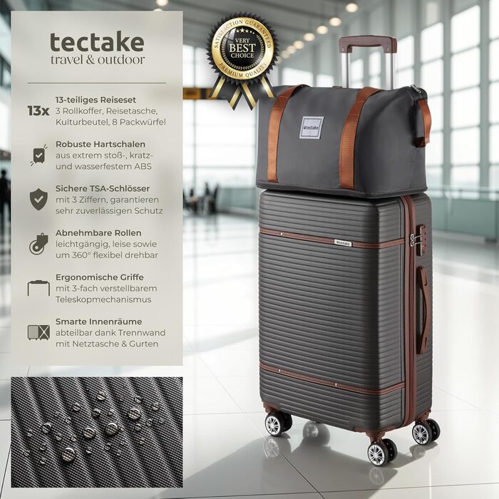 Набір валіз Tectake 13 шт. з валізою, сумкою та ролерами: 3 великі валізи, TSA-замок, сірий