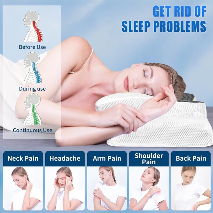 Подушка ортопедична SAHEYER з піни Memory Foam для шиї та голови, 60x35.5x10/13 см, сіра. Для зручного сну на боці.