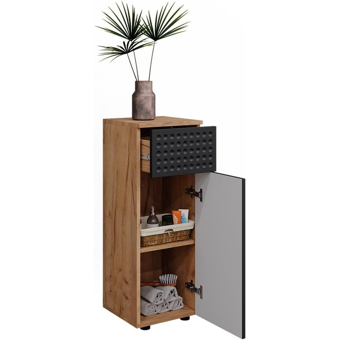 Середня шафа для ванної Vicco Irma, золота дубова/антрацит, 30x81 см, 1 шухляда, 2 полиці, антрацит з точковим візерунком