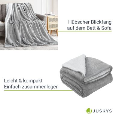 Плед Juskys з флісу та шерпи 150x200 см, пухнастий, теплий, праний, для ліжка та дивана, денний, ковдра-плед, світло-сірий