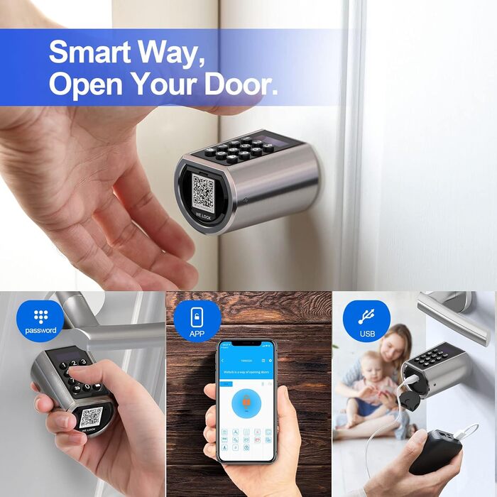Розумний електронний дверний замок WELOCK з паролем, RFID-карткою, Bluetooth-додатком, регульований циліндр 50-100 мм, сріблястий