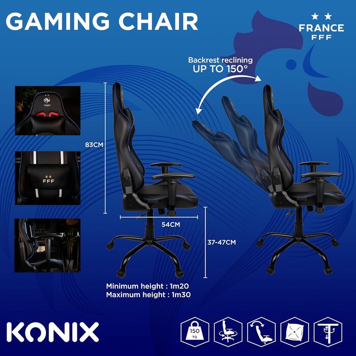 Ігрове крісло Konix FFF Premium, 150° нахил, екошкіра, регульована поперекова та шийна подушка, підголівник, чорне/біле