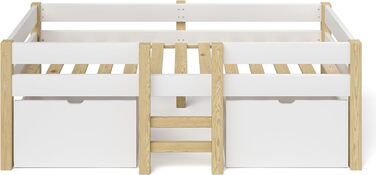 Дитяче ліжко Bellabino 90x200 Aspy, біле напіввисоке з бортиком, масив дерева, з ламелями та 2 шухлядами, для хлопчиків і дівчаток, ліжко з місцем для зберігання