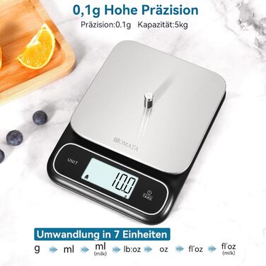 Кухонні ваги BOMATA: цифрові, з нержавіючої сталі, IPX6, 5 кг, 0.1 г, USB-C, для приготування їжі, випічки, схуднення