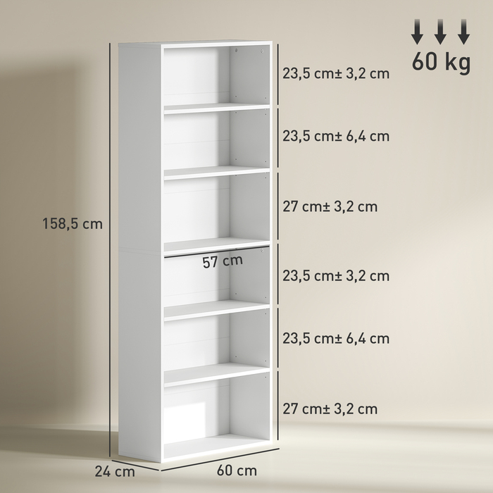 Стелаж для книг з 6 відділеннями, регульовані полиці, ДСП, 60 x 24 x 158,5 см, білий