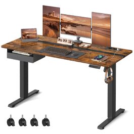 Електричний регульований стіл VASAGLE 140x60 см з розеткою та шухлядою, вінтажний коричнево-чорний LSD114X01