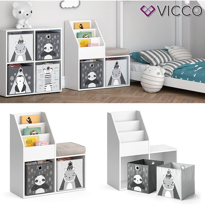 Дитяча книжкова полиця Vicco Luigi, біла, 72x79 см, з 2 текстильними коробками Panda/Tiger