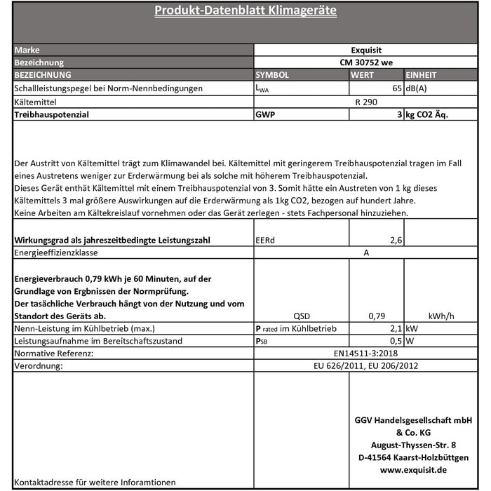 Мобільний кондиціонер Exquisit CM 30752 з пультом, осушенням і охолодженням, 7000 BTU, компактний, з повітроводом