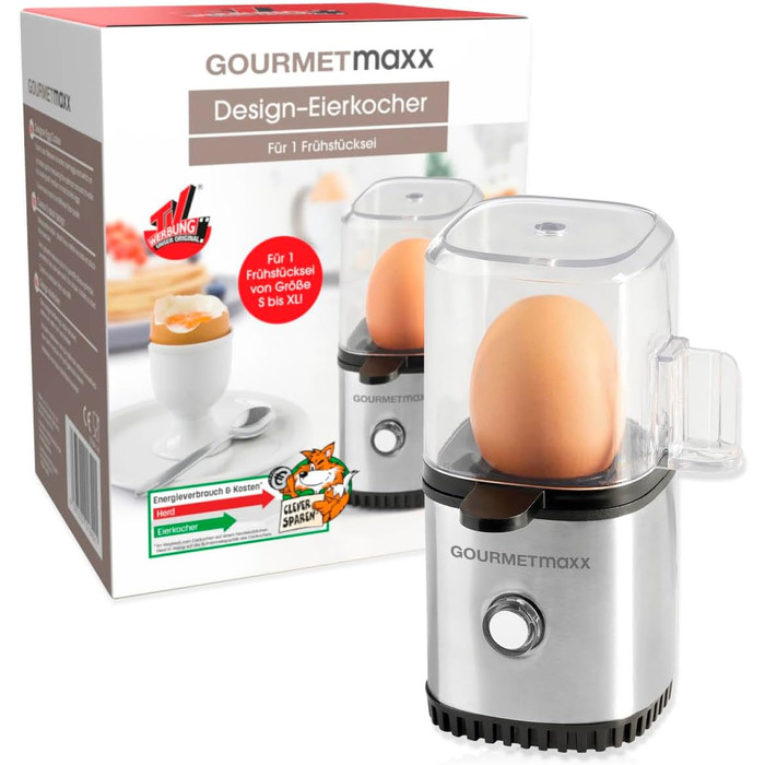Електрична яйцеварка GOURMETmaxx для 1 яйця з нержавіючої сталі, компактна, енергозберігаюча, BPA Free, з мірною склянкою та голкою для яєць