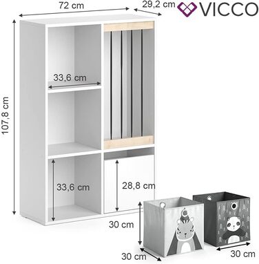 Дитяча полиця Vicco Luigi біла 72x107,8 см з 2 складними коробками, опція 5, 72x96 см з коробками Слон/Тигр