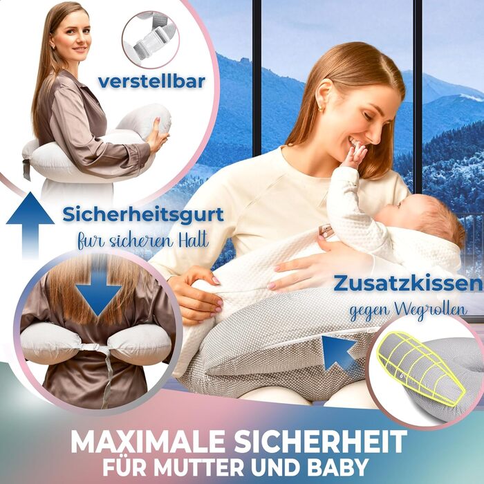 Подушка для вагітних і годування Comfortcuddle з регульованим поясом, безпековою подушкою, підтримкою для мами й малюка, бічна подушка для сну, бежеві смуги, 60x72x16 см