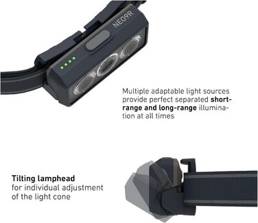 Світлодіодний налобний ліхтар Ledlenser NEO9R для бігу, 1200 лм, акумуляторний, червоне сигнальне світло, відбиваючий ремінець, поворотна головка, чорний/сірий