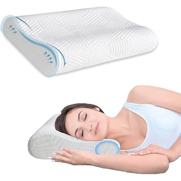 Подушка для шиї Lamb з Memory Foam, регульована висота, ергономічна, знімний чохол (50x36x10/8 см, біла)