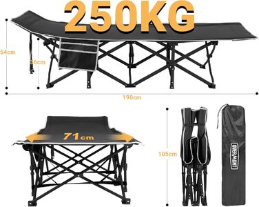 Складане польове ліжко Overmont 190×71×36 см, до 250 кг, 2400D Оксфорд, з бічною кишенею і сумкою для перенесення, для кемпінгу, саду та офісу