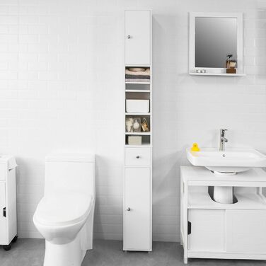 SoBuy BZR34-W Високий шафа для ванної з 5 полицями, 1 шухлядою та дверцятами, білий, 20x180x20 см