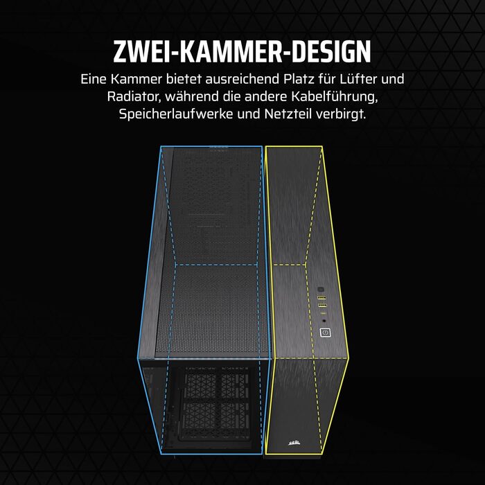 Комп'ютерний корпус CORSAIR 2500X mATX, подвійна камера, загартоване панорамне скло, підтримка інвертованої материнської плати, без вентиляторів, чорний/обсидіановий алюміній
