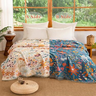 Преміум бавовняна покривало-плед Boho з мусліну 200x230 см, двостороння диванна ковдра з принтом метелики, дихаюча та м'яка для вітальні та спальні
