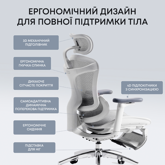 Крісло офісне з підставкою для ніг Sihoo DORO C300L Mesh White with footrest