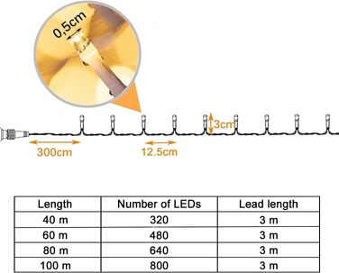 Світлодіодна гірлянда для вулиці 100м 800 LED теплий білий колір, 8 режимів роботи, IP44 водонепроникна з таймером та прозорим кабелем для балкона та свят