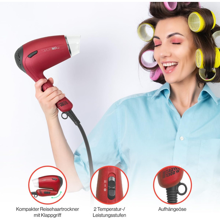 Компактний дорожній фен Clatronic HTD 3429 (1200Вт, 2 швидкості, з дифузором та сумкою, 110/230В) — Червоний
